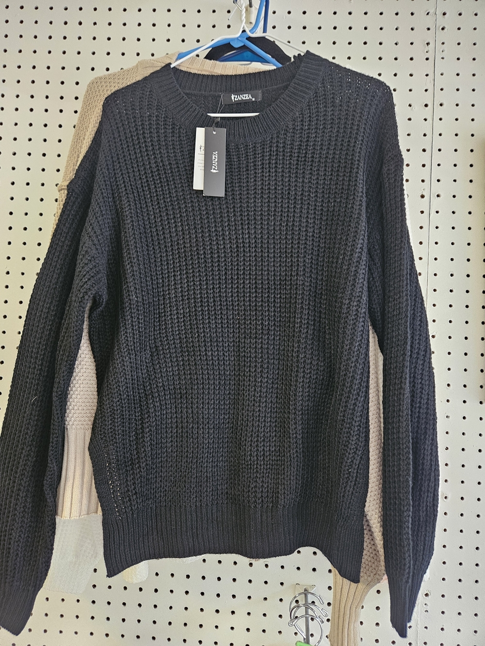 Zanzea Black Crewneck Waffle Knit Sweater